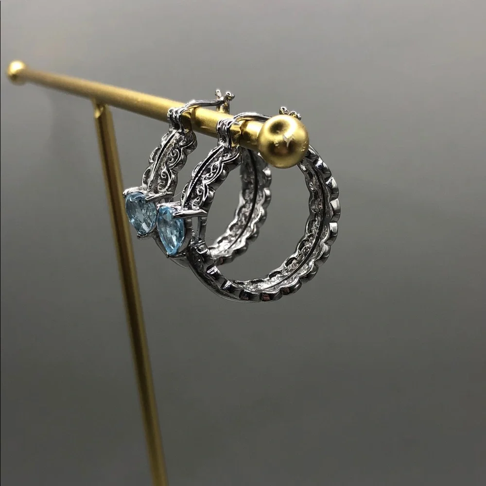 EverTrue Sky Blue Topaz Heart Hoop Earrings Stainless Steel Statement Style NEW